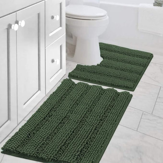 H.VERSAILTEX Bathroom Rugs Bath Rug Set 2 Piece Bathroom Contour Rug Toilet Mat Sets Non Slip Contour Bath Rug Ultra Thick Water Absorbent Striped Bath Mats(20" x 32" Plus 20" x 20" U, Bronze Green)