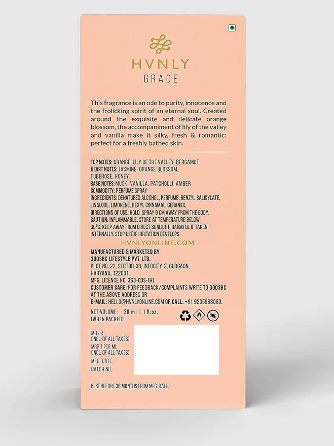 HVNLY Grace EDP | Perfume For Women | An Ideal Gift | Long Lasting Premium Floral Fragrance | Vanilla, Orange Blossom, Lily Of The Valley | Best For Office Wear, Casual Wear | 1.0 fl.oz