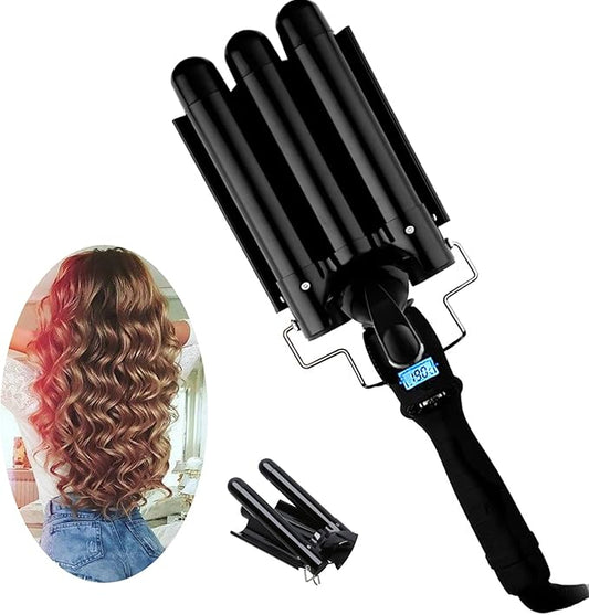 3 Barrel Curling Iron Hair Crimper Waver Iron with LCD Temperature Display - 1 Inch Ceramic Tourmaline Triple Barrels Waver Curling Wand, Dual Voltage