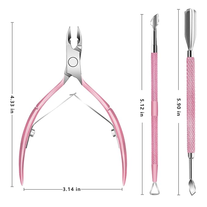 Cuticle Trimmer with Cuticle Pusher and Scissors, Cuticle Remover Professional Durable Pedicure Manicure Tools, Stainless Steel Cuticle Nipper Cutter Clipper for Fingernails and Toenails (Pink)