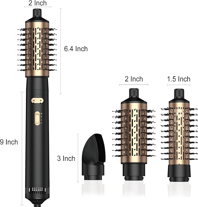 3 in 1 Rotating Hair Dryer Brush Spinning with Detachable Brush(2" & 1.5"),Negative Ionic Brush Blow Dryer 100-120V,3 Heats and 2 Speeds Rotating Hot Air Brush for Curling,Straight,Drying