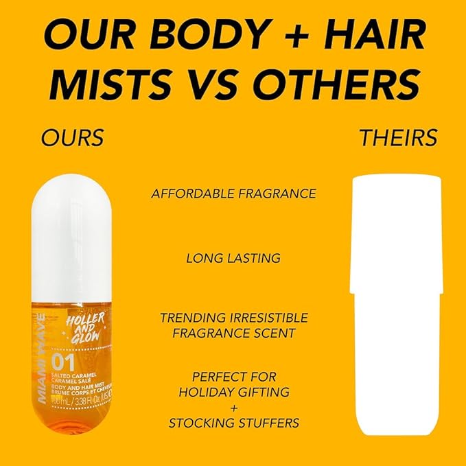 Holler and Glow Miami Wave Salted Caramel Body & Hair Mist, Body Spray For Women, Hair Perfume, Fragrance, Sweet Coconut, Vanilla Scented, Warm & Sweet Fragrance Notes, 8.11 Fl Oz