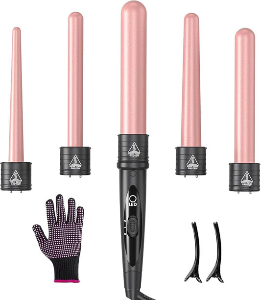 5 in 1 Curling Iron Wand Set, Hair Curling Iron Interchangeable Ceramic Barrels (0.35 to 1.25 Inch), Barrel Heat Protective Glove 2 Clips, Dual Voltage Hair Curler for Girls, Women Gift - Rose Gold