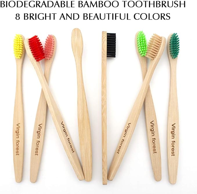 Virgin Forest Bamboo Toothbrush, Biodegradable Toothbrush, Eco Friendly Natural Wooden Toothbrushes, Vegan Organic Bamboo Charcoal Tooth Brush for Sensitive Gums Medium Bristle Set of 8 Color