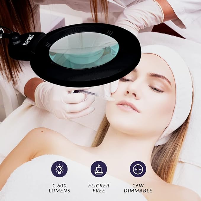 Neatfi XL Bifocal LED Magnifying Lamp, 7-Inch Acrylic Lens, 5D/20D Magnification, Hands-Free, Dimmable, 84 SMD LED, Adjustable Arm for Crafts, Reading, Close Work (Black, with Clamp)