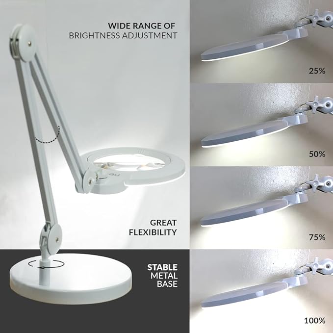 Neatfi XL Bifocal LED Magnifying Lamp, 7-Inch Acrylic Lens, 5D/20D Magnification, Hands-Free, Dimmable, 84 SMD LED, Adjustable Arm for Crafts, Reading, Close Work (White, with Base)