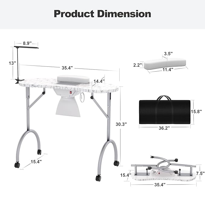 Portable Nail Table for Nail Tech on Wheels, Foldable Professional Manicure Table Travel Nail Desk with LED Lamp/Dust Collector/3 Dust Bags/Wrist Cushion/Storage Bag, White