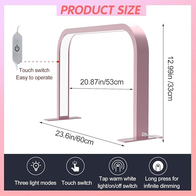 Half Moon Nail Desk Lamp, 45W LED Nail Tech Desk Light with Phone Holder, Half Moon Nail Light 3000-6000K Adjustable Brightness, Nail Table Arch Lamp, for Manicure Lash Eyelas (Pink), YY111