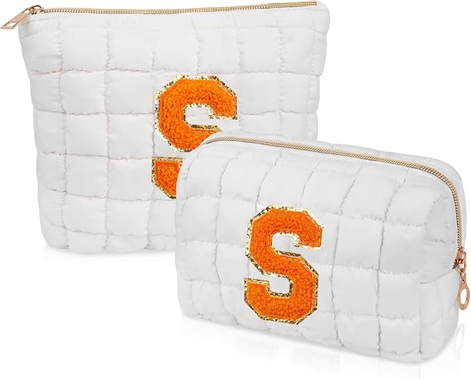 2PCS Initial Checkered Makeup Bag, Large Quilted Cosmetic Bag, Cute Make up Pouch for Purse, Travel Toiletry Storage Bag for Women Preppy Teen Girls Gift Trendy Stuff Gift (White S)