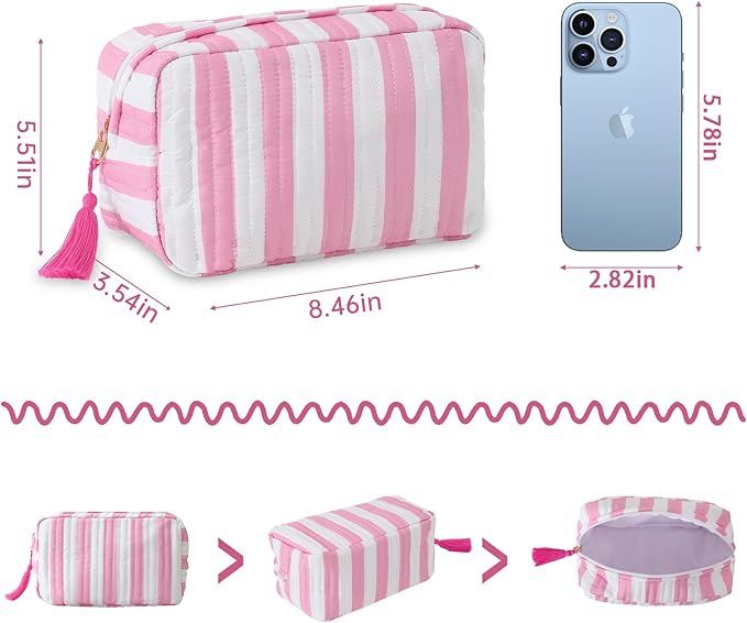 Quilted Makeup Bag for Women, Stripe Cosmetic Pouch with Tassel Zipper Travel Toiletry Organizer (White-Pink)