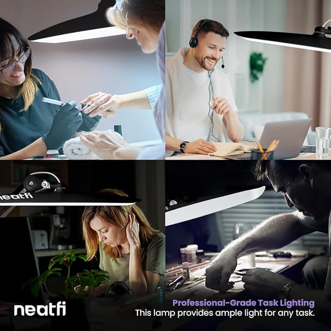 Neatfi XL 2,200 Lumens LED Task Lamp, 24W, 117 Pcs SMD LED, 4 Level Brightness, Dimmable, Desk Light for Home, Office, Workbench (Non-CCT with Base, Black)