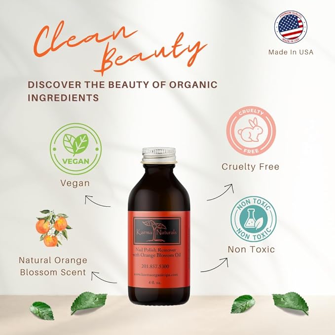 Karma Organic Nail Polish Remover with Soybean Oil and Orange Blossom Oil- Non Toxic, Vegan, Cruelty Free, Acetone Free – Nails Strengthener for Fingernails –12 fl. Oz. (3 Pack)