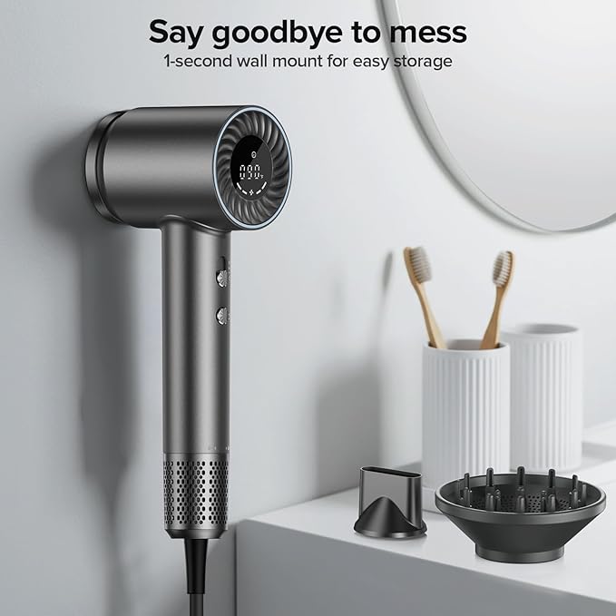 Hair Dryer, 150000 RPM Brushless Motor with 500M Negative Ions, Fast-Dry Lightweight Design, ThermoControl & Magnetic Nozzle/Diffuser, Low Noise Salon Blow Dryer for All Hair, Travel, Home