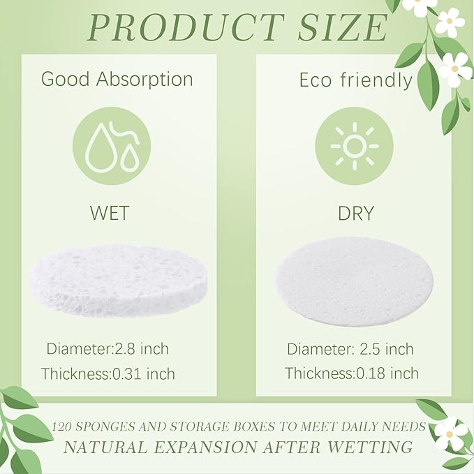 Sieral 120pcs Compressed Facial Sponges Disposable Natural Face Sponges Round Soft Pads with Container for Washing Face Cleansing Exfoliating Esthetician Makeup Removal Travel(White)