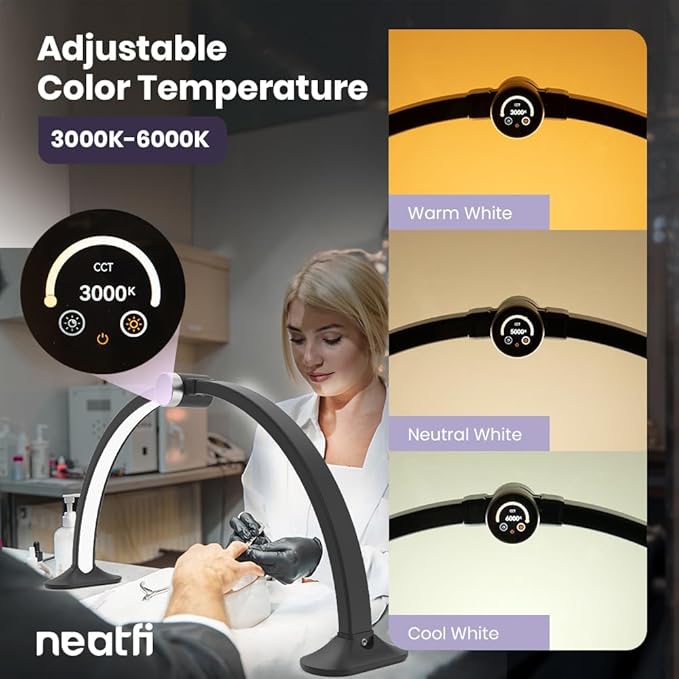 Neatfi Half Moon Light for Nail Desk Lamp, Table Lamp, Multiple Light Modes Desk Lighting for Estheticians, Beauty Eyelash Makeup Tattoo Crafts, Reading, Spa Salon, Nail Tech (with LCD, Black)