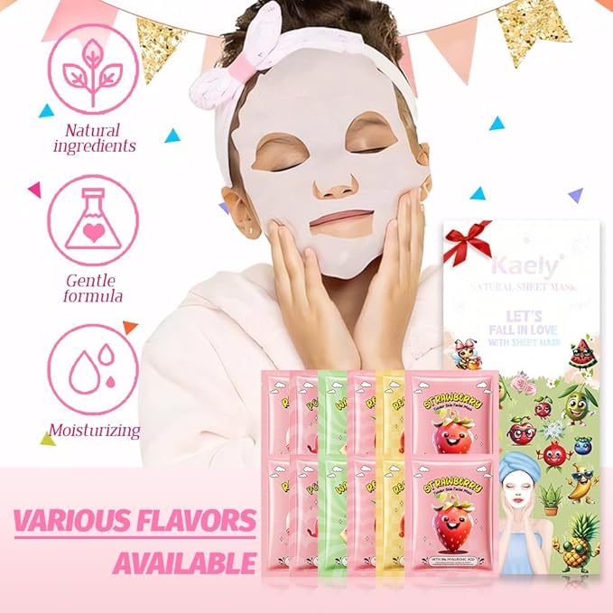 evpct 12 Pack Fruit Kids Face Masks for Kids Girls Spa, Girls Kids Facial Spa Day Slumber Sleepover Birthday Party Favors Supplies Kit for Girl, Kid Friendly Facial Face Masks Bulk Skincare for Kid, 4