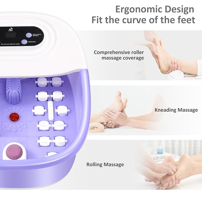 Foot Spa Bath Massager with Heat Bubbles and Vibration Massage and Jets, 16 OZ Tea Tree Oil Foot Soak Epsom Salt, Foot Soaker with Red Light, 22 Massage Rollers, Adjustable Temp -Purple