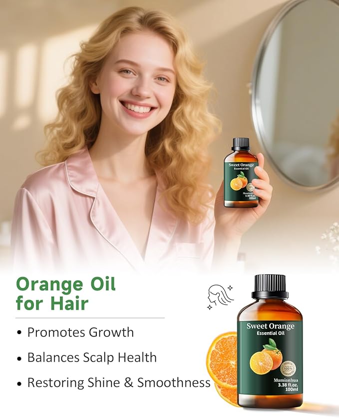 Orange Essential Oil Pure,Mumianhua Natural Sweet Orange Oil for Diffuser, Humidifier, Air Purifier, Skin,Home, Soap, Candle Making, Room Spray, Cleaning 3.38Fl Oz