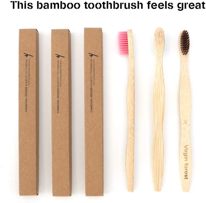 Virgin Forest Bamboo Toothbrushes, Eco-Friendly Soft Bristles Toothbrush, Biodegradable Wood Toothbrush Set of 6