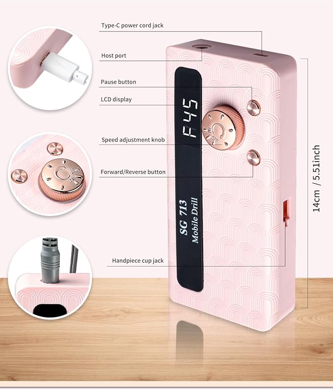 Electric Nail File Professional Kit - 45000RPM Portable Nail Drill Electric File with 11 Bits & Base丨LED Screen丨Ultra-Silent, Rechargeable Nail Drills Machine for Acrylic Nails Gel Polishing (Pink)