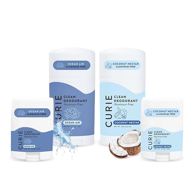 Curie Natural Deodorant for Women - Coconut Nectar + Ocean Air - Stick + Travel Size Bundle - Alumnium Free, Clean, Sustainable, Paraben Free (4 Pack)