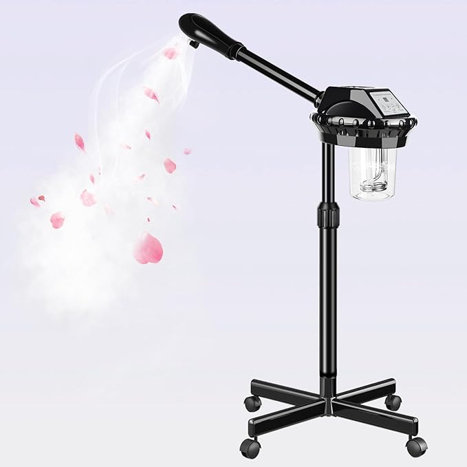 Professional Facial Steamer, Facial Steamer on Wheels, Face Steamer with Time Setting, Stand Face Steamer Adjustable Height for Spa, Salon and at Home use