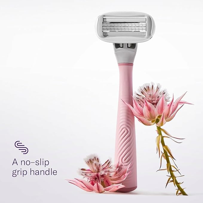 Flamingo Shaving Razor Set for Women - Original Razor Handle, 4 Blade Refills, and Shower Holder - Rose