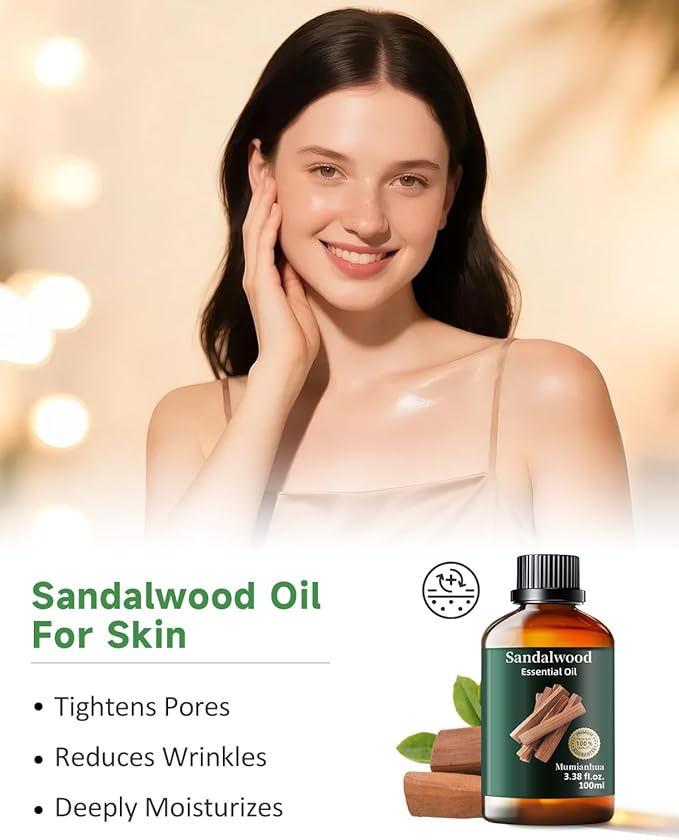 Pure Sandalwood Essential Oil, Mumianhua Natural Sandalwood Oil for Diffuser Aromatherapy, Skin, Hair, Massage, Candle, Soap Making, Evening Meditation, Calm Connection, Woody Grounding 3.38 Fl Oz