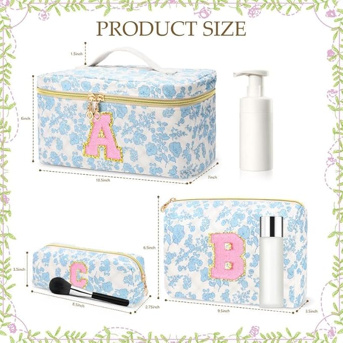 3 PCS Travel Makeup Bag Set,A-Z Initials Cotton Make up Bag Floral Quilted Cosmetic Bag for Girls and Women,Personalized Christmas Gifts,Cute Toiletry Travel Accessories Brushes Bags-J