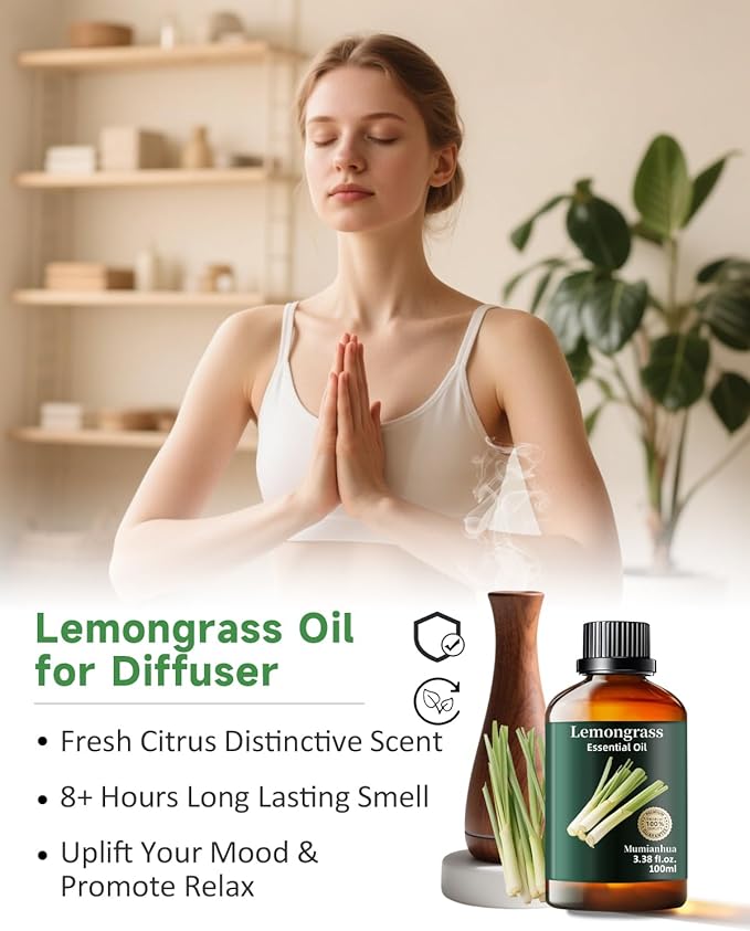 Pure Lemongrass Essential Oil,Mumianhua Natural Lemongrass Oil for Aromatherapy Diffuser, Outdoor Fresh Air, Natural Protective Blends, Skin Care, Hair, Spray, Soap, Candle Making 3.38 Fl Oz