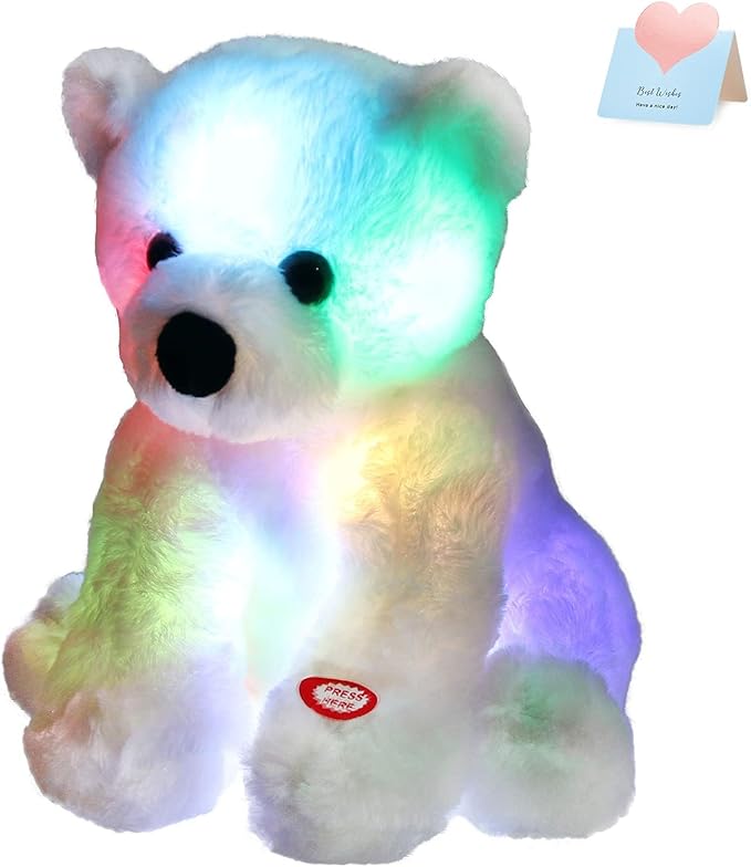 BSTAOFY Glow Polar Bear Light up Stuffed Animal LED Night Light Bear Soft Plush Toy Adorable Birthday Mother's Children's Day Valentines for Toddler Kids, White, 9.5''