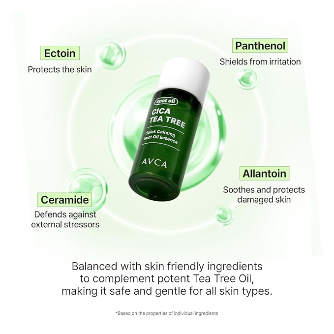 AVCA Quick Calming Cica Tea Tree Spot Oil Essence — Calming Blemish Spot Oil, Centella & Tea Tree Leaf Oil with 4-Terpineol, Lightweight, Targeted Use, 8g (0.28 oz)