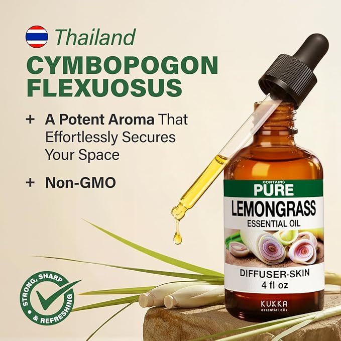 KUKKA Lemongrass Essential Oils - 4 Fl Oz - for Hair, Skin, Diffuser, Aromatherapy & DIY Soap Making Scent