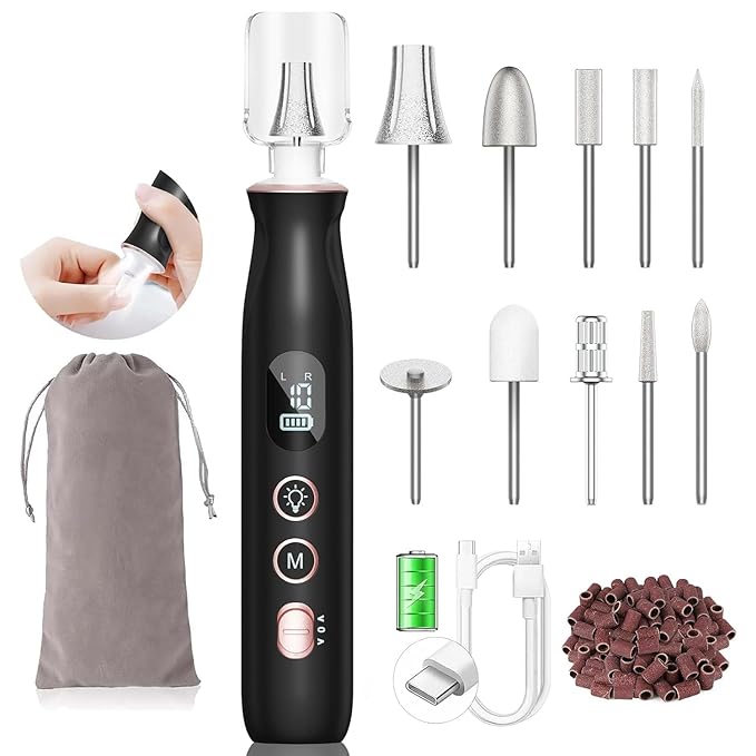 Electric Nail File Drill: HSKAI Nail Drill with LCD & Lamp, Long-Lasting Thick Toenail Grind, Rechargeable & Cordless Toe Nail Filer Tools for Manicure and Pedicure, Gifts for Women and Men