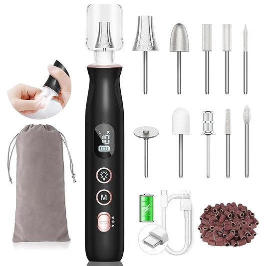 Electric Nail File Drill: HSKAI Nail Drill with LCD & Lamp, Long-Lasting Thick Toenail Grind, Rechargeable & Cordless Toe Nail Filer Tools for Manicure and Pedicure, Gifts for Women and Men