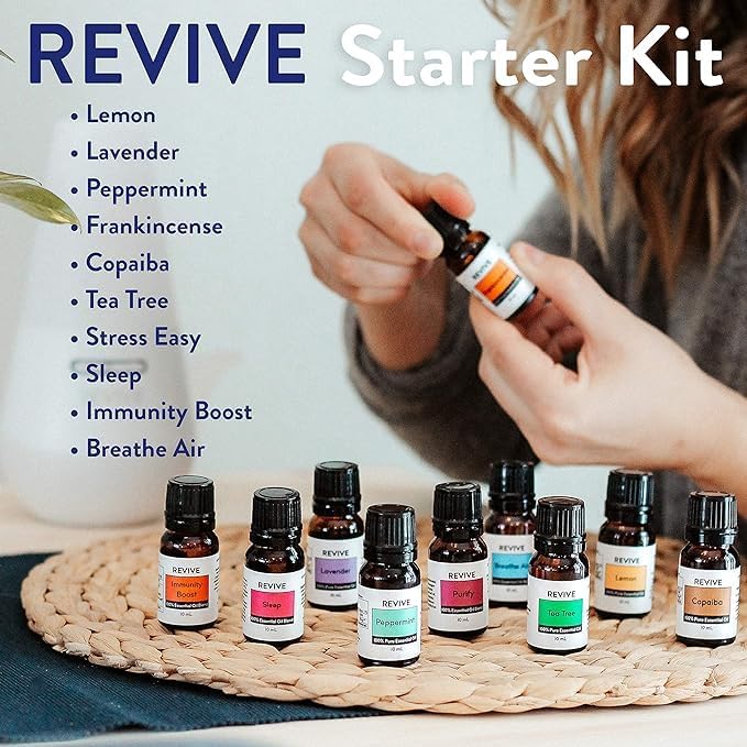 Starter Kit with Halo Diffuser by Revive Essential Oils - 100% Pure Therapeutic Grade, for Diffuser, Humidifier, Massage, Aromatherapy, Skin & Hair Care