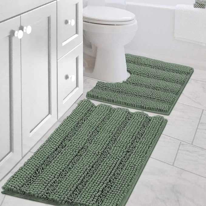 H.VERSAILTEX Bathroom Rugs Bath Rug Set 2 Piece Bathroom Contour Rug Toilet Mat Non Slip Contour Bath Rug Ultra Thick Water Absorbent Striped Bath Mats Washable(20" x 32" Plus 20" x 20" U, Green Bay)