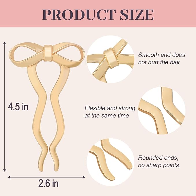 2PCS 5.5Inch Bow French Hair Pins Large U-Shaped Pins for Women and Girls Fashion Metal Hair Pin French Twist Hair Pins for Buns, Updos,Stylish and Functional(set5-gold)