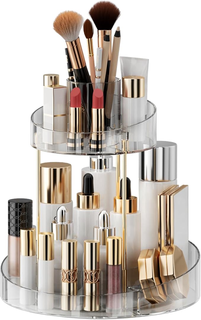 2 tier Makeup Organizer Countertop,360 Rotating Makeup Organizer for Skincare, Lipstick and Perfumes,Multi-function Cosmetic Display Cases for Vanity,Bathroom,Transparent