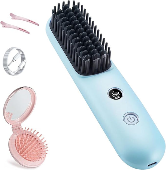 LCD Screen Cordless Hair Straightener Curler 2 in 1, Portable Mini Hair Straightening Brush for Travel Negative Ionic Fast Heating Hot Comb for Women, Folding Brush with Mirror, Blue