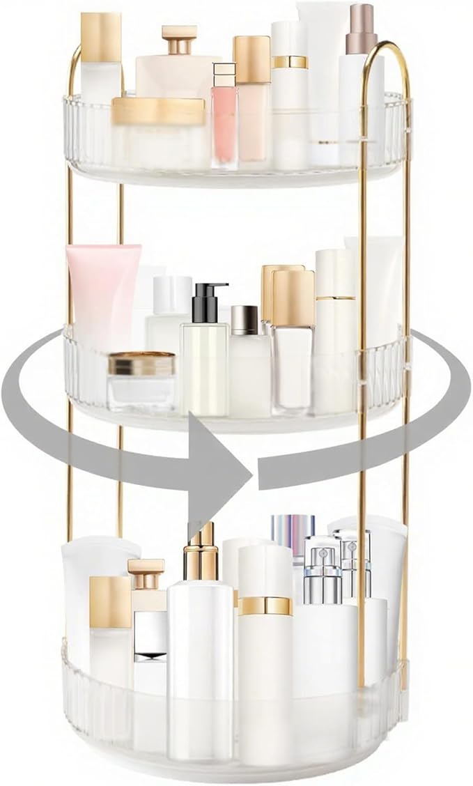 360° Rotating Makeup Organizer, Bathroom Make Up Spinning Holder Rack, Large Capacity Cosmetics Storage Vanity Shelf Countertop, Fits Cosmetics, Perfume, Skincare, Lipsticks(3 Tiers, Clear)