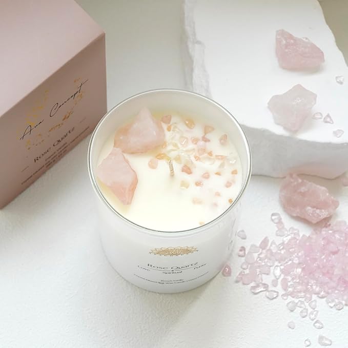 ‎ava concept - Crystal Candle Rose - Quartz French Vanilla Scented - Soy Candles - Home Decor Aromatherapy - Glass Jar Birthday, Wedding Gift Set for Women 10 oz