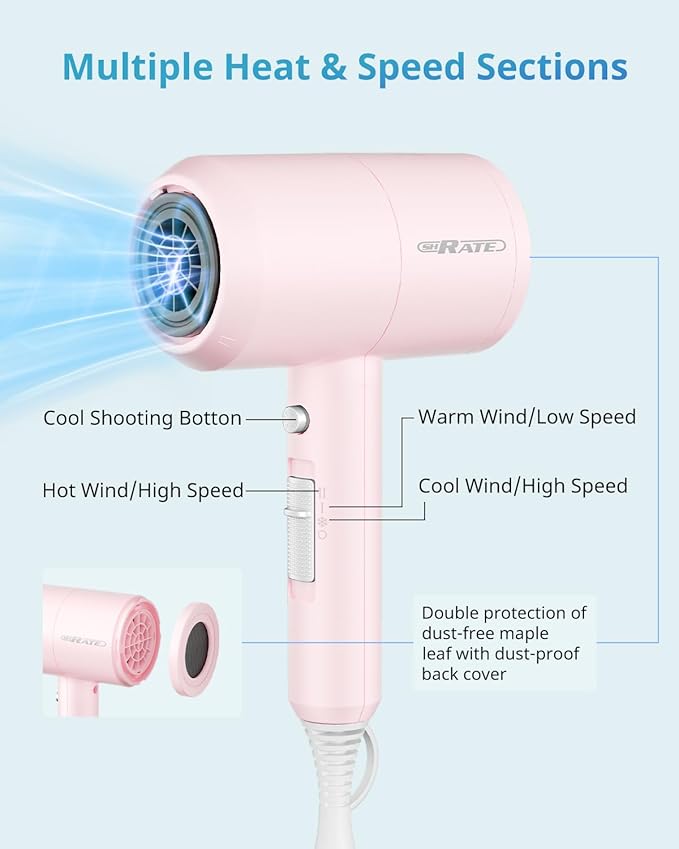 SHRATE Lightweight Ionic Hair Dryer with Diffuser - Powerful 1800W Blow Dryer for Fast Drying - Professional Low Noise Mini Hair Dryer for Travel, Gifts, Hair Styling