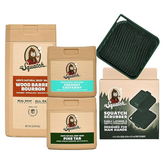 Dr. Squatch NEW Body Wash for Men with Nourishing, Natural Ingredients | No Paraben, Phthalate, Sulfate | Wood Barrel Bourbon (14 oz), Coconut Castaway & Pine Tar (8 oz, 2-Pack) & Body Scrubber