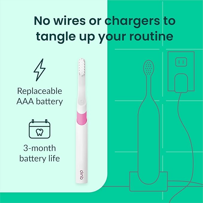 Quip Sonic Toothbrush for Adults with Timer - Includes Extra Brush Head and Travel Cover Mount - Electric, Soft Bristle Refill Head, Plastic Handle, 3 Month Battery Life - Travel Toothbrush - Magenta