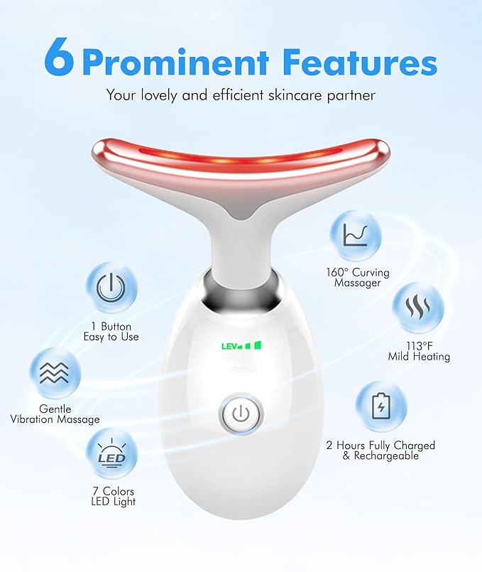 Red-Light-Therapy-for-Face-and-Neck, 7 Color Face Massager Tool for Wrinkles, Double Chin, Vibrating Facial Massager with Thermals for Skin Care, Glossy White