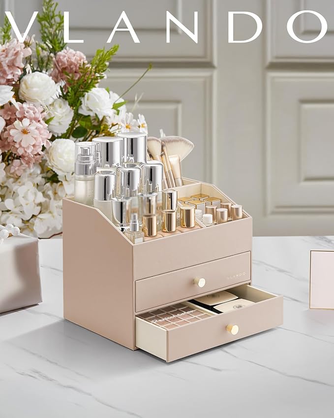 Vlando Makeup Organizer for Vanity,Large Capacity Countertop Organizer with Drawers, PU Leather Cosmetic Display Case for Lipstick,Brushes,Skincare,Bedroom Storage (Toffee)