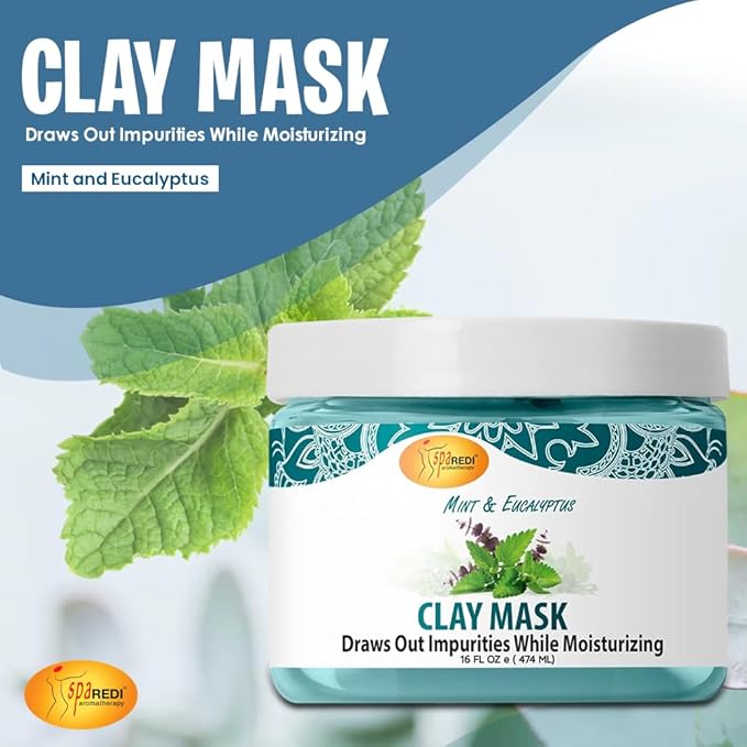 SPA REDI - Clay Mask, Mint and Eucalyptus, 16 Oz - Pedicure and Body Deep Cleansing, Skin Pore Purifying, Detoxifying and Hydrating