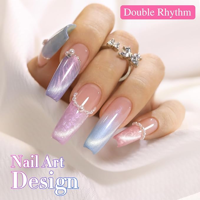 Double Rhythm Cat Eye Gel Nail Polish Set of 6 Same Color Same Bottle 0.5 Oz Shimmer Glitter with Magnet Holographic Reflective Magnetic UV Nail Polish Kit (Pearl Pink Blue Green Purple-T6-36)