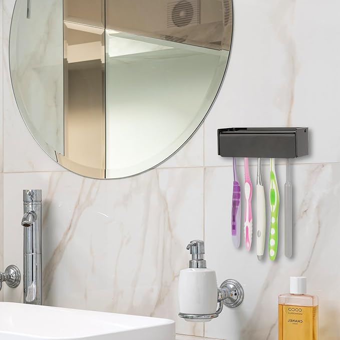 5 Slots Wall Mount Toothbrush Holder with Cover, Self Adhesive Toothbrush Storage Organizer for Shower, Toothbrush Hanger for Bathroom, Medicine Cabinet, Dorm (Black)